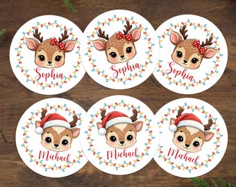 Reindeer Name Tags, Personalized Kids Christmas Gift Tags, Custom Santa Reindeer Labels, Xmas Party Favor Tags, Festive Gift Wrapping Labels