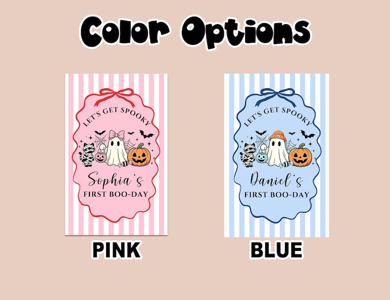 May include: Two rectangular cards with vertical stripes in pink or blue. Each features a scalloped frame with a ghost, pumpkin, and cat graphic. The pink card reads Sophia's FIRST BOO-DAY and the blue card reads Daniel's FIRST BOO-DAY, both with LET'S GET SPOOKY text.