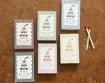 Champagne Tower Vintage Wedding Matchbox Favors, Custom Striped Matchbooks for Elegant Wedding, Personalized Retro Wedding Favors for Guests