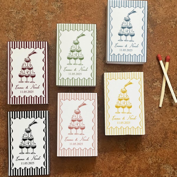 Champagne Tower Vintage Wedding Matchbox Favors, Custom Striped Matchbooks for Elegant Wedding, Personalized Retro Wedding Favors for Guests