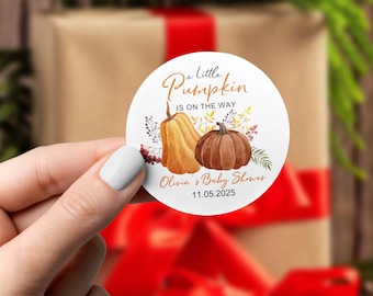 Little Pumpkin Baby Shower Stickers, Gender Neutral Fall Baby Shower Favor Labels, Pumpkin Themed Shower Gift Tags, Custom Round Gift Labels