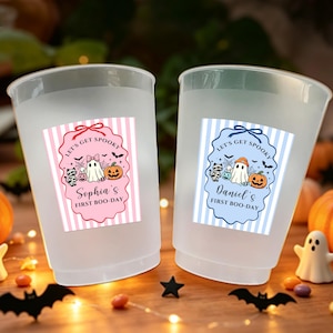 Let’s Get Spooky First Boo-Day Cups, Personalized Halloween Birthday Frosted Cups, Custom Ghost Pumpkin Party Favors, Halloween Cups image 1