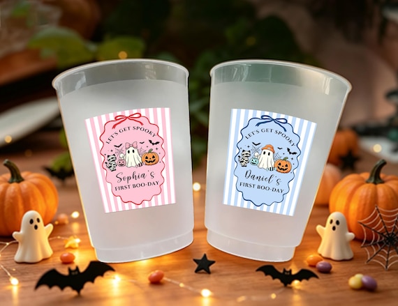 Let’s Get Spooky First Boo-Day Cups, Personalized Halloween Birthday Frosted Cups, Custom Ghost Pumpkin Party Favors, Halloween Cups