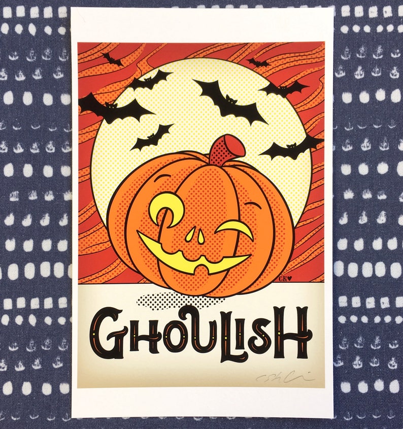 Six Vintage Look jack O Lanterns Halloween Moon Bats Flying Art Wall Print