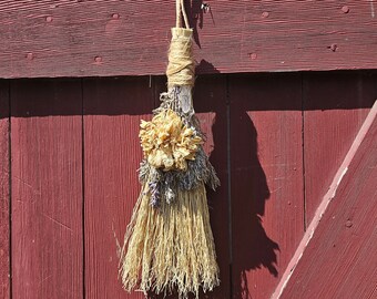 Mini Sweeper Broom . Besom ~ For Altar or Home Decor ~ Dried Peony Flower w Young Wormwood & Quartz Crystal, Lavender