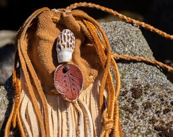 morel.&.leaf ~ smoked deer skin pouch w carved antler morel mushroom, leather leaf ~ faceted tourmaline stone