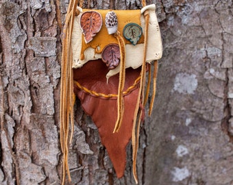 morel.&.leaf ~ deer skin pouch w carved antler morel mushroom, leather leaves ~ burned details ~ twisted leather ties