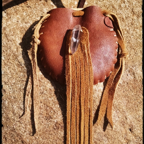 grounding.roots ~ Buckskin Medicine Pouch Necklace - drawstring ~ * grounding quartz crystal wand *