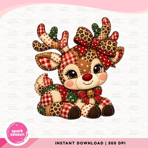 Renna patchwork PNG / Design natalizio a pois con stampa leopardata / Cerbiatta natalizia carina