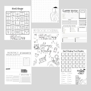 Black and White Printable Reading Journal – Book Review, Bingo, Wishlists (84 Pages) (PDF Pattern)