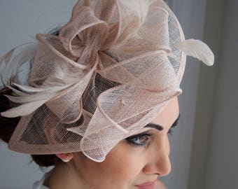 Nude Fascinator - "Penny" Mesh Hat Fascinator with Mesh Ribbons and Nude Feathers