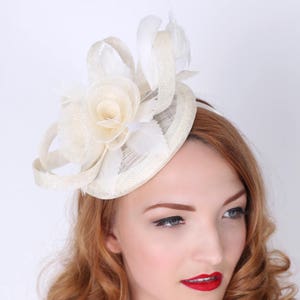 Ivory Fascinator - &quot;Emelia Rose&quot; Ivory Fascinator Hat Headband w/ Round Sinamay Base