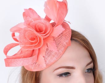 Coral Fascinator - « Emelia Rose » Coral Fascinator Hat Headband w/ Round Sinamay Base