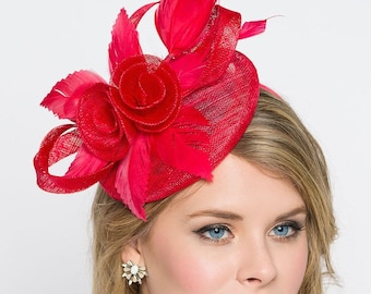 Red Fascinator - "Emelia Rose" Red Fascinator Hat Headband w/ Round Sinamay Base
