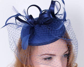 Navy Blue Fascinator - "Juliet" Navy Blue Round Felt Sinamay Hat w/ Feathers and Satin Ribbons