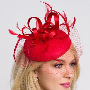 Red Fascinator - &quot;Juliet&quot; Felt Round Sinamay w/ Feathers & Satin Ribbon Fascinator Headband