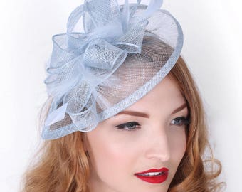 Light Blue Fascinator - "Penny" Mesh Hat Fascinator with Mesh Ribbons and Light Blue Feathers