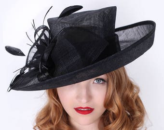 Black Sun Hat - "Charlotte" Black Flipped Brimmed Fascinator Sun Hat w/ mesh flowers and feathers