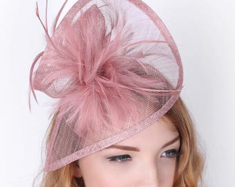 Mauve Fascinator - "Victoria" Mauve Twist Mesh Fascinator Hat Headband with Mauve Flighty Feathers