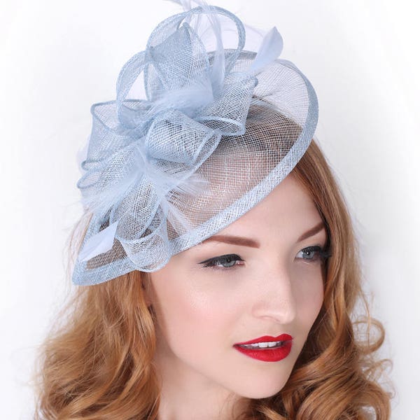 Light Blue Fascinator - "Penny" Mesh Hat Fascinator with Mesh Ribbons and Light Blue Feathers