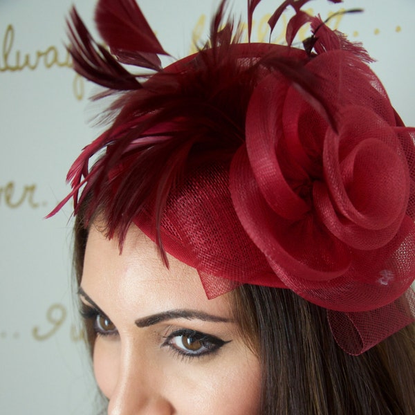 Burgundy Fascinator - "Kate" Mesh Couture English Hat Fascinator Headband