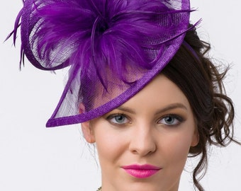 Royal Purple Fascinator - "Victoria" Twist Mesh Fascinator embellished with Fluffy Feathers on a Headband