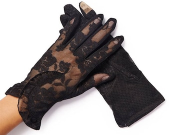 Lacey Black Floral Overlay Lace Gloves