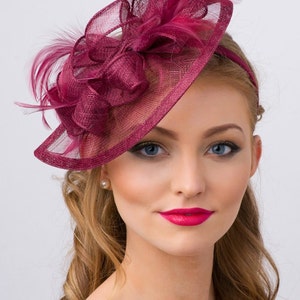 Wine Fascinator Penny Mesh Hat Fascinator with Mesh Ribbons and Wine Feathers image 1