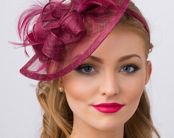 Wine Fascinator - "Penny" Mesh Hat Fascinator with Mesh Ribbons and Wine Feathers