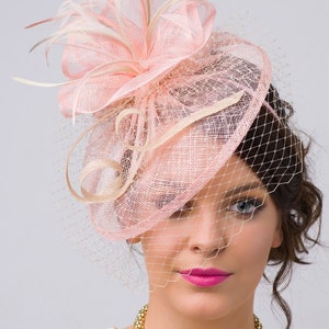 Pink Fascinator - &quot;Noor&quot; Light Pink & Ivory Fascinator Hat Headband w/Ribbon waves a Ivory birdcage veil