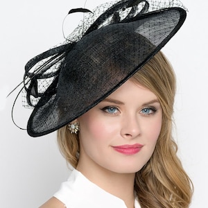 Black Fascinator Hat - "Wendy" Wide Slightly brimmed mesh Fascinator Hat on a Headband