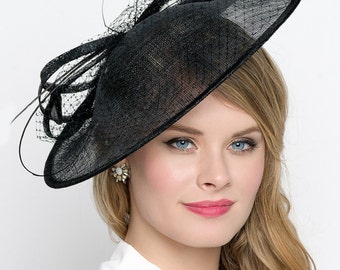 Black Fascinator Hat - "Wendy" Wide Slightly brimmed mesh Fascinator Hat on a Headband