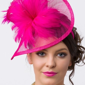 Fuschia Fascinator - &quot;Victoria&quot; Fuchsia Twist Mesh Fascinator Hat Headband with Flighty Feathers