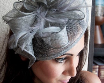 Gray Fascinator - "Penny" Mesh Hat Fascinator with Mesh Ribbons and Gray Feathers