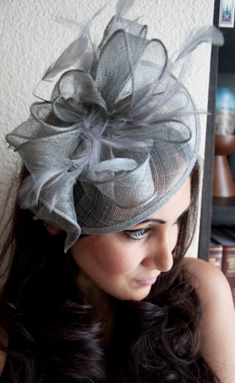 Gray Fascinator Penny Mesh Hat Fascinator with Mesh Ribbons and Gray Feathers image 1