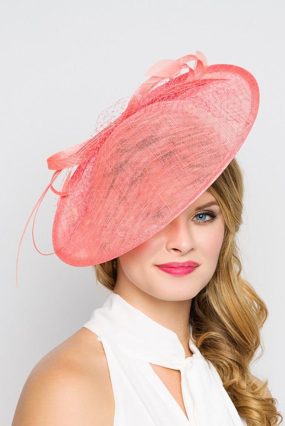 Coral Fascinator Hat - "Wendy" Wide Brimmed Coral mesh Fascinator Hat Headband