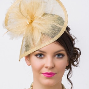 Champagne Gold Fascinator - &quot;Victoria&quot; Champagne Gold Twist Mesh Fascinator Hat Headband with Flighty Feathers