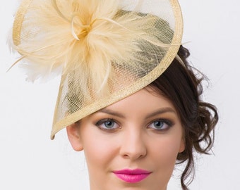 Champagne Gold Fascinator - "Victoria" Champagne Gold Twist Mesh Fascinator Hat Headband with Flighty Feathers