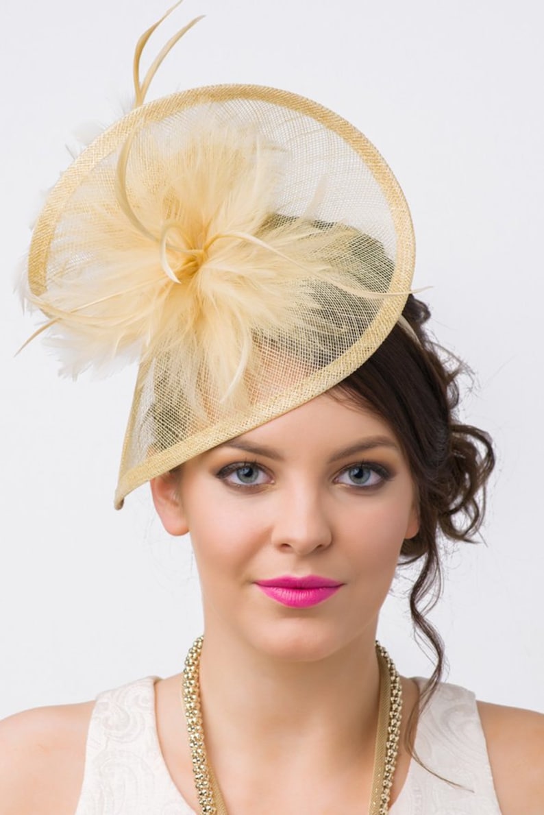 Champagne Gold Fascinator - 'Victoria' Champagne Gold Twist Mesh Fascinator Hat Headband with Flighty Feathers 