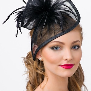 Black Twist Mesh Fascinator - "Victoria" Black Mesh Fascinator Hat Headband with Black Flighty Feathers