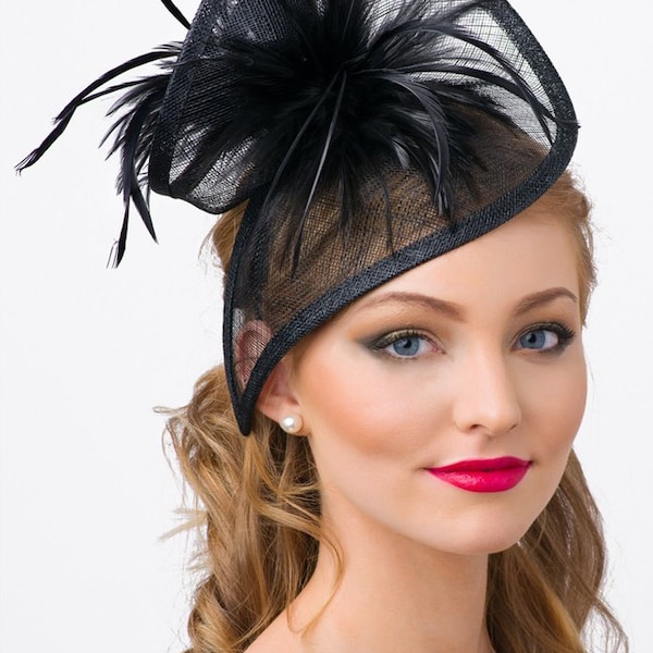 Black Twist Mesh Fascinator - "Victoria" Black Mesh Fascinator Hat Headband with Black Flighty Feathers