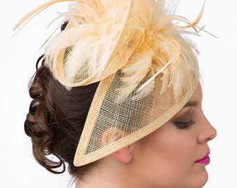 Champagne Feather Fascinator Headband - 2025 Elegant Victoria 9292 Champagne Gold & Emerald Green Feather Fascinator, Sparkley  main image 4