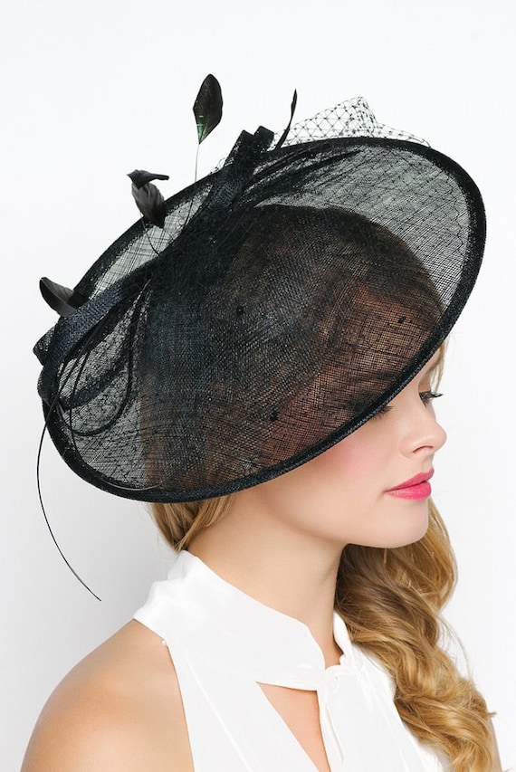 Black Fascinator Hat Wendy Wide Slightly brimmed mesh Fascinator Hat on a Headband