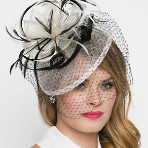 Ivory Fascinator - "Noor" Ivory & Black Fascinator Hat Headband w/Ribbon Waves a Black Birdcage Veil