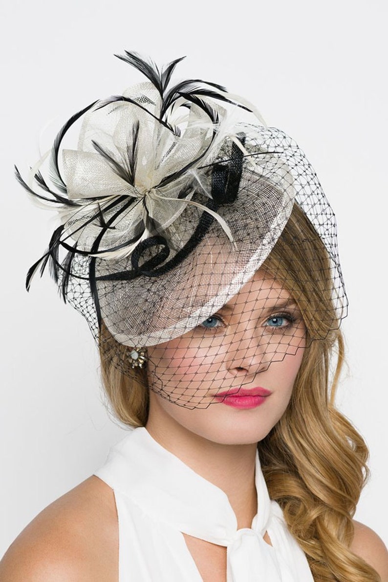 Ivory Fascinator - 'Noor' Ivory & Black Fascinator Hat Headband w/Ribbon Waves a Black Birdcage Veil 