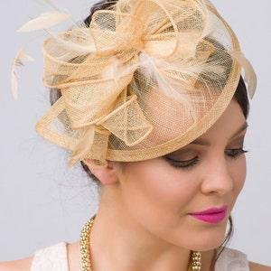 Champagne Gold Fascinator - &quot;Penny&quot; Mesh Hat Fascinator with Mesh Ribbons & Golden Feathers