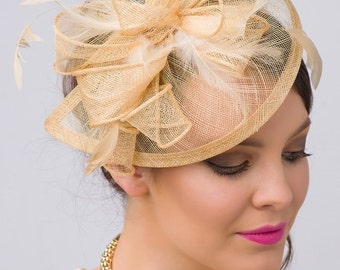 Champagne Gold Fascinator - "Penny" Mesh Hat Fascinator with Mesh Ribbons & Golden Feathers