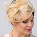 Champagne Gold Fascinator - 'Penny' Mesh Hat Fascinator with Mesh Ribbons & Golden Feathers
