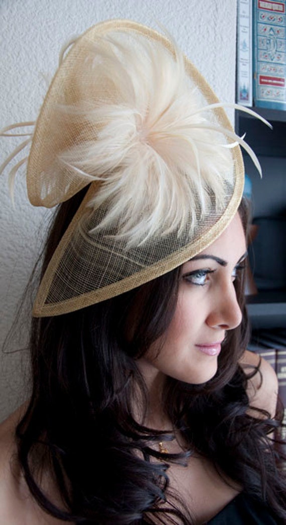 Champagne Feather Fascinator Headband - 2025 Elegant Victoria 9292 Champagne Gold & Emerald Green Feather Fascinator, Sparkley  main image 3