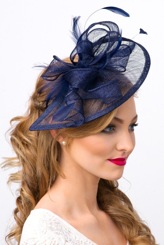 Fabulous Classy Navy Braided Rhinestone Elegant Fascinator Ribbon Veil D… FASCINATOR WITH VEIL - Navy Blue - Gold Coast Couture main image 3